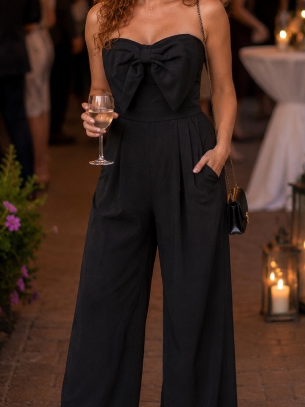 Strapless Black Wide-Leg Jumpsuit with Front Bow